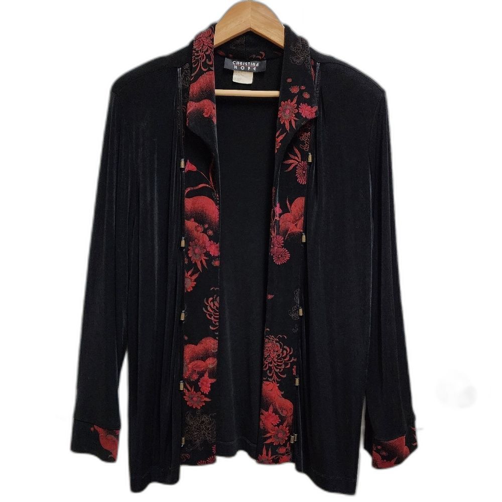 Christina Pope Womens Black Red Floral Slinky Open Cardigan Sweater Travel Sx XL